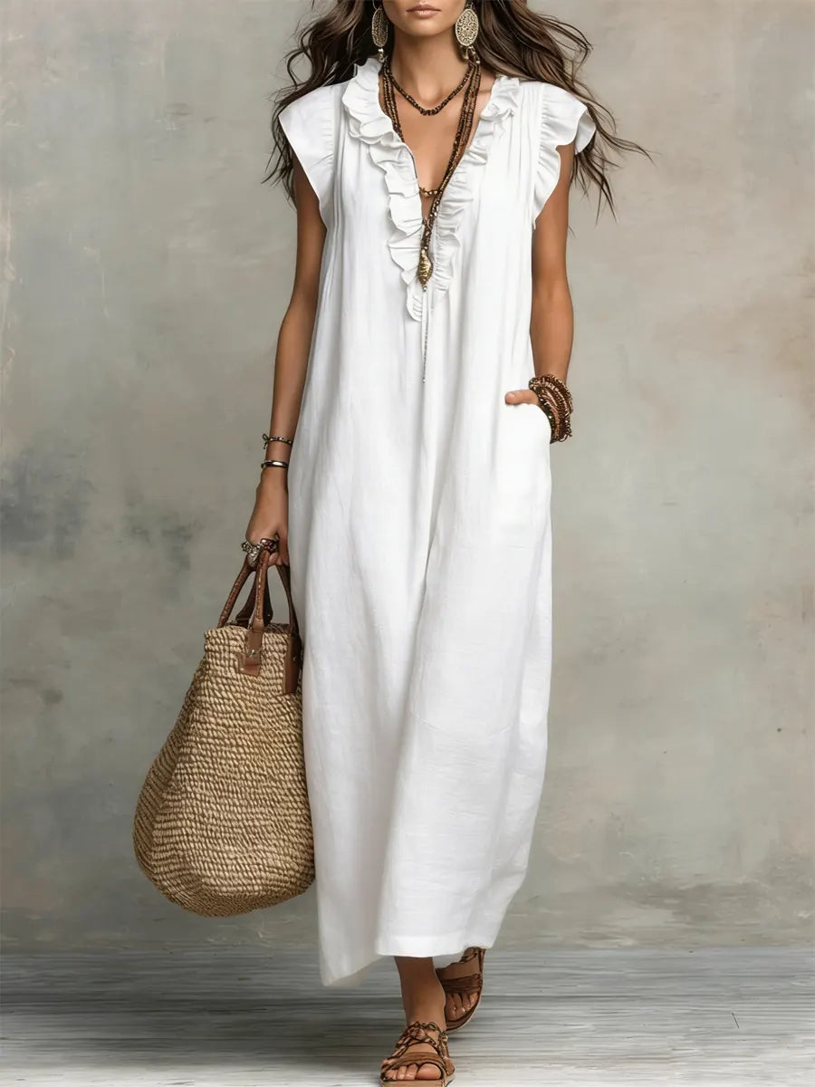 Vestido maxi con escote en V y volantes