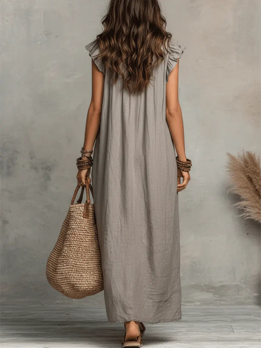 Vestido maxi con escote en V y volantes