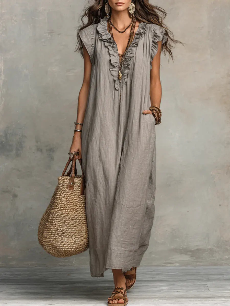 Vestido maxi con escote en V y volantes