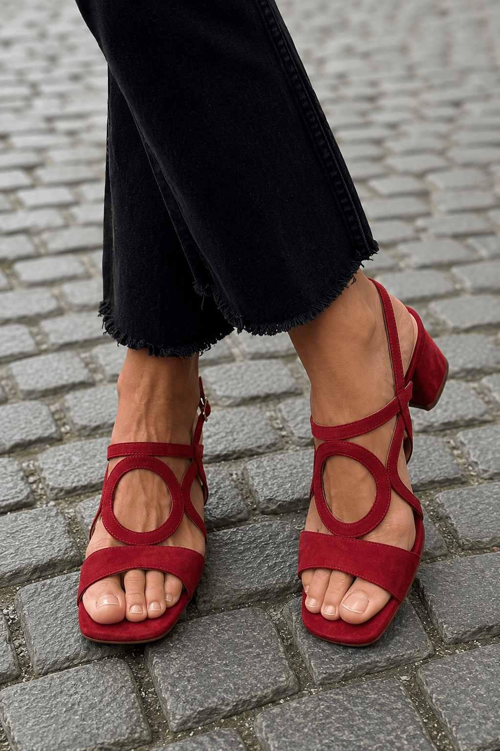 Sandalias de tacón cuadrado con detalle circular