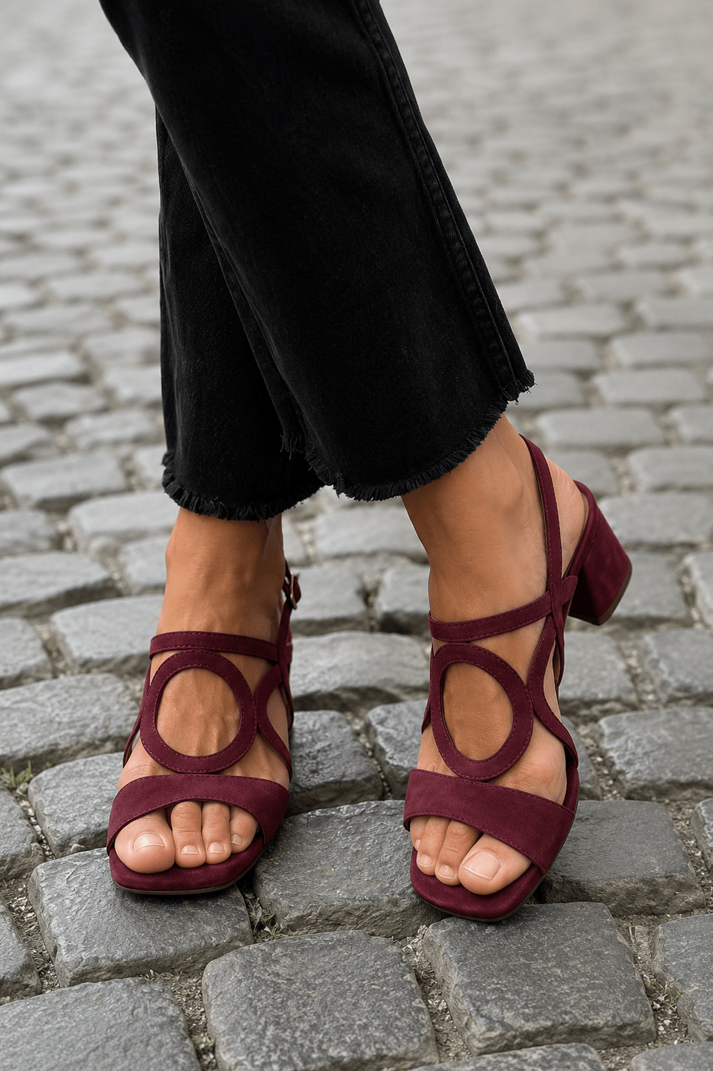Sandalias de tacón cuadrado con detalle circular