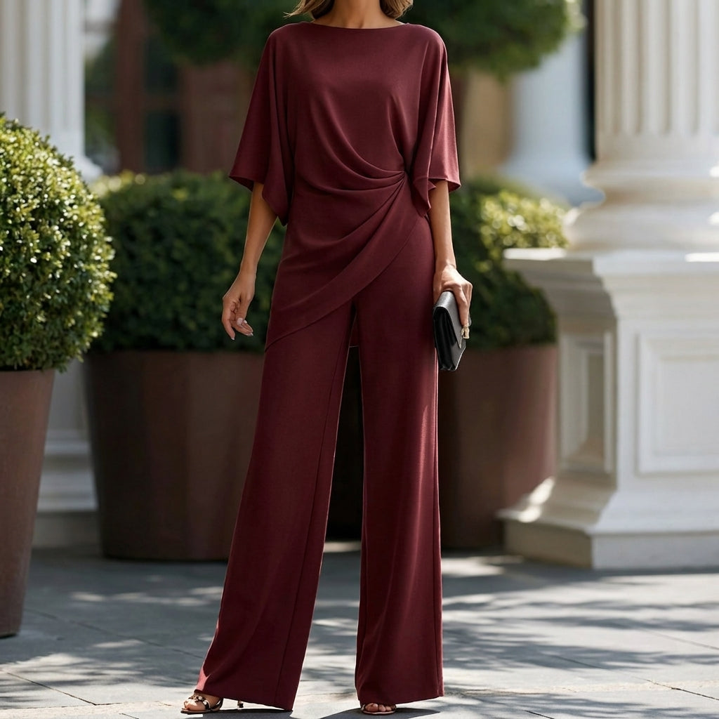 Conjunto de blusa drapeada y pantalón ancho